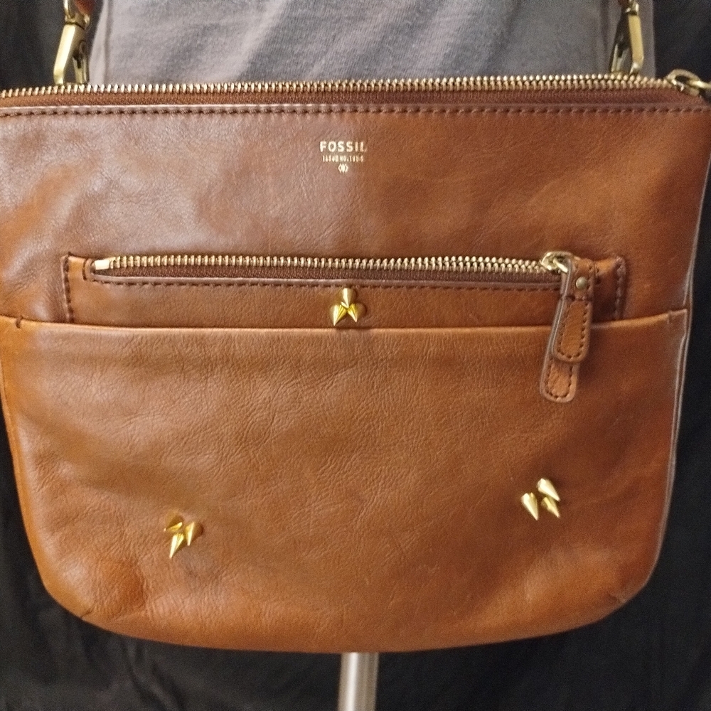 Trinity Spikes! Fossil Genuine Leather Crossbody Messenger W/ Studds